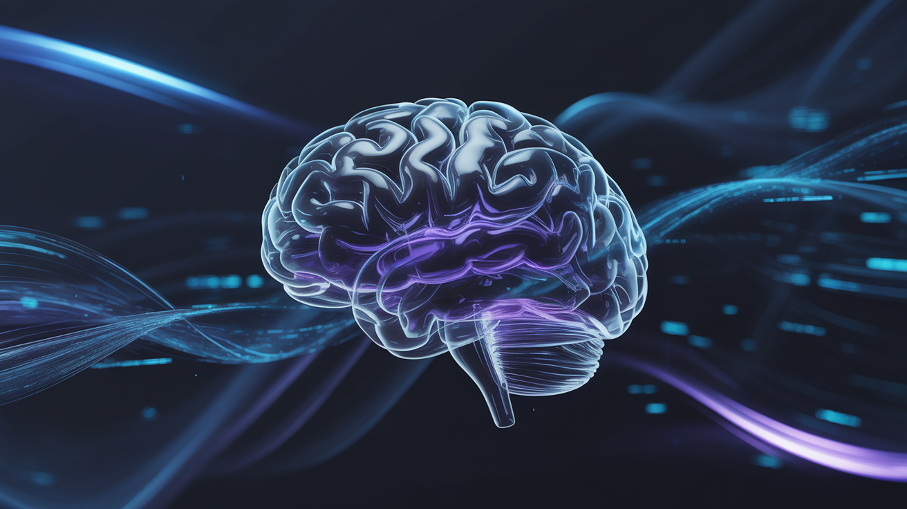 Futuristic AI brain hologram with data streams